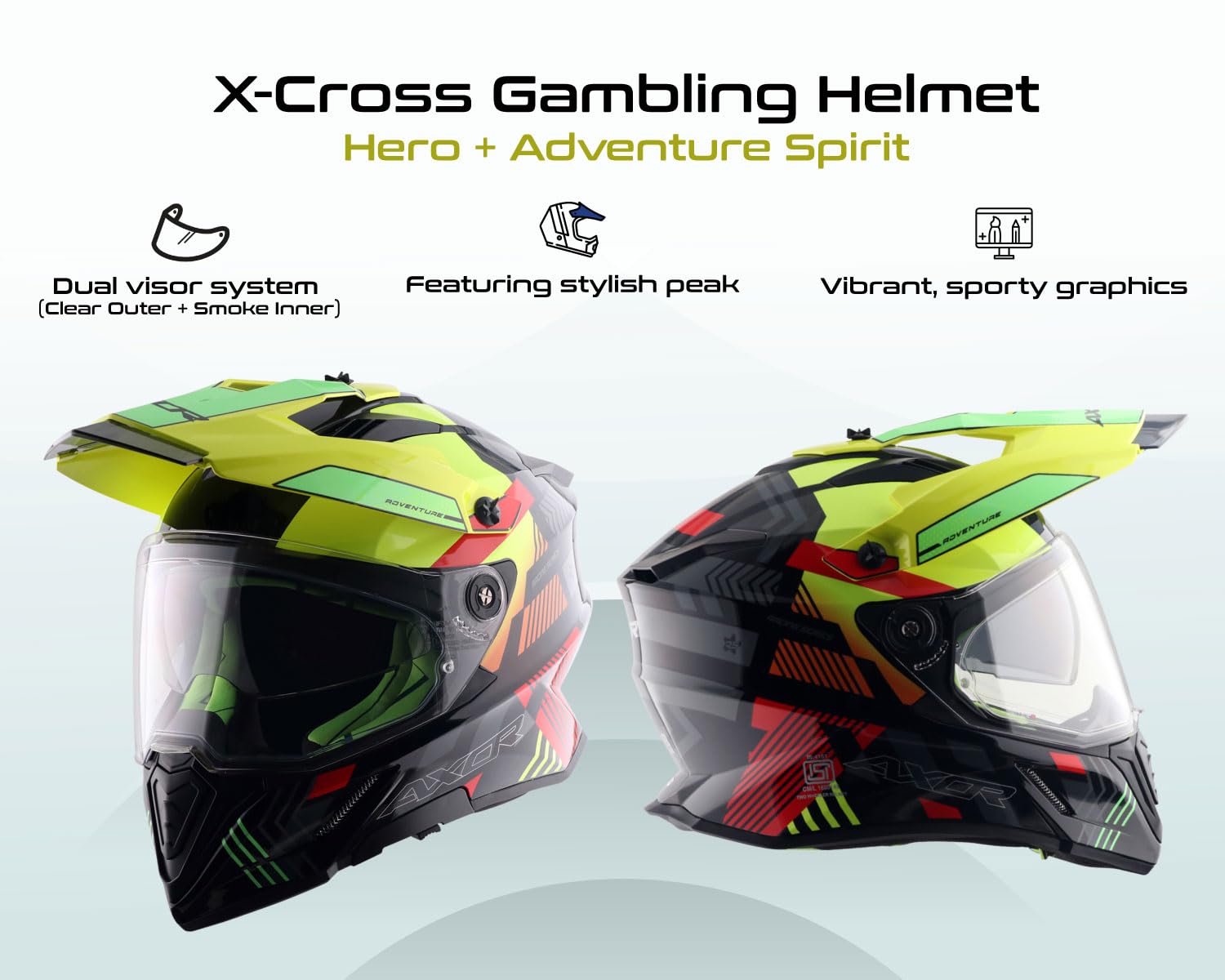 Off-Road Full Face Helmet with Pinlock Fitted Dual Visors and Stylish Peak-Black Neon Yellow-L