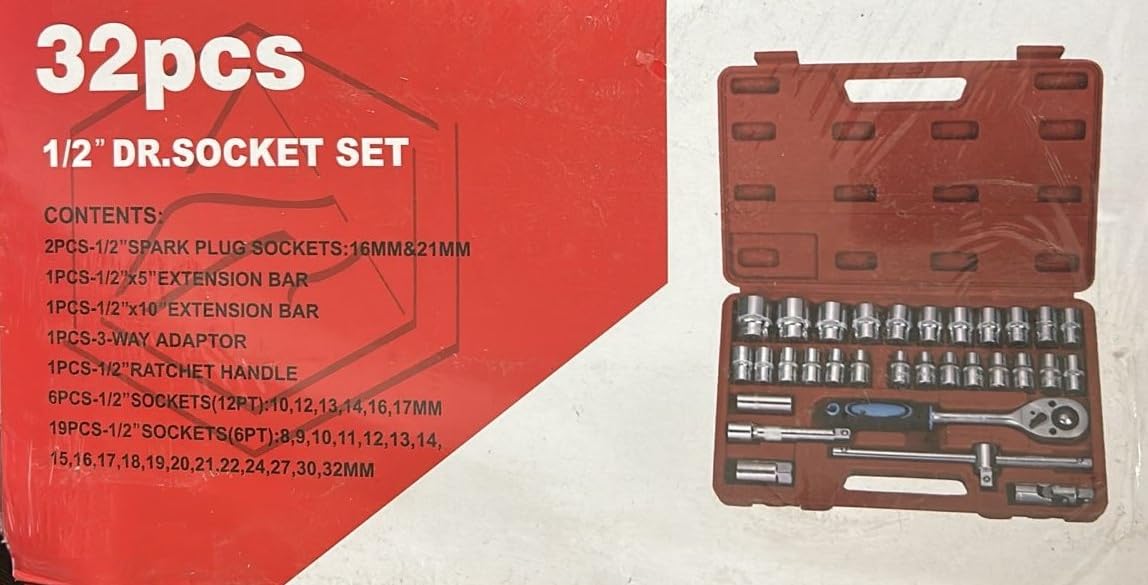 trust Heavy 32Pc 1/2 Inch Ratchet Socket set Wrench Spanner Tool Set, CR-V Combinational Goti Set with Carry Box for Car, Bike & Automobile Repair
