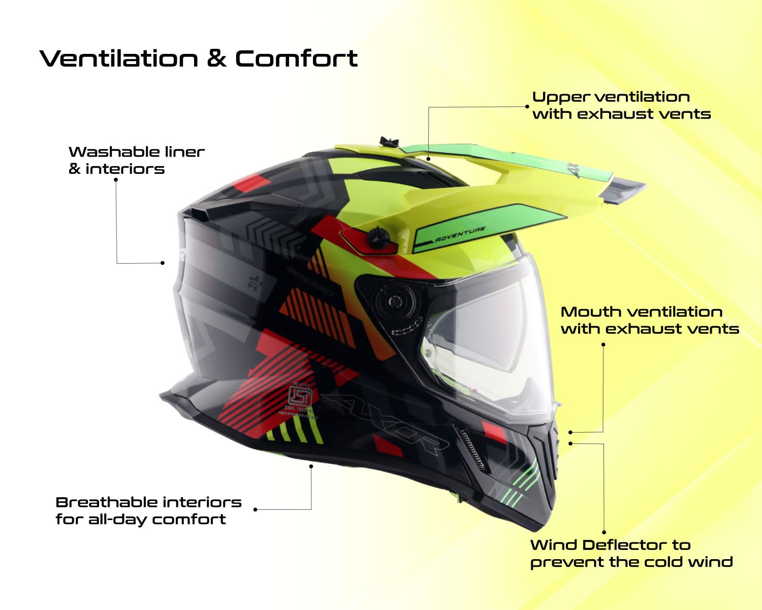 Off-Road Full Face Helmet with Pinlock Fitted Dual Visors and Stylish Peak-Black Neon Yellow-L
