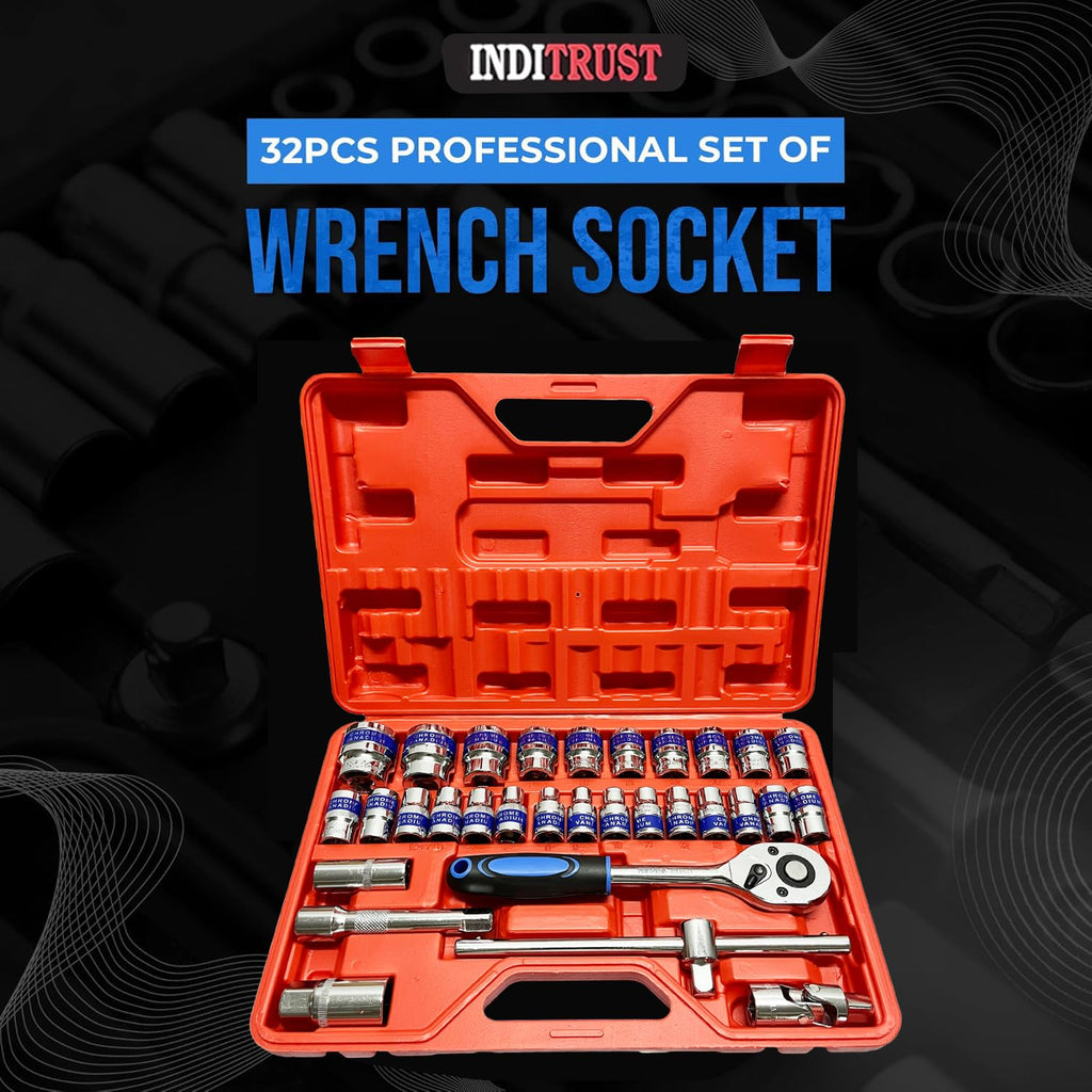 trust Heavy 32Pc 1/2 Inch Ratchet Socket set Wrench Spanner Tool Set, CR-V Combinational Goti Set with Carry Box for Car, Bike & Automobile Repair